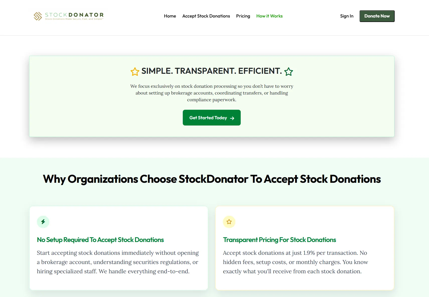 Stock Donator logo with tagline "Stock Donations Made Secure, Fast, and Simple," showcasing the platform's focus on facilitating stock donations for nonprofits.