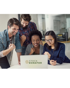 Group of diverse individuals celebrating around a laptop displaying the Stock Donator logo, representing teamwork and enthusiasm in enhancing fundraising efforts through stock donations.
