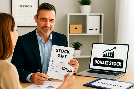 Step-by-step flowchart of the stock donation process through Stock Donator