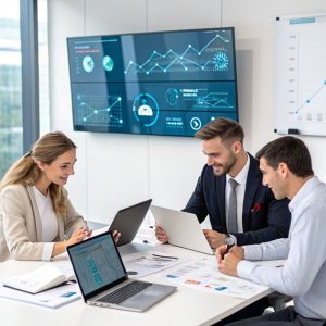 Business team discussing stock donation processes with laptops and data analytics displayed on screens.
