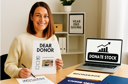 Woman smiling and holding a "Dear Donor" letter with checkboxes, seated at a desk with a laptop displaying "Donate Stock" and documents labeled "Brokerage" and "Giving Options," in a bright office setting.