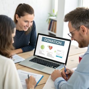 Three individuals collaborating around a laptop displaying a donation page, emphasizing stock gifts with visuals of currency and heart icons, highlighting nonprofit fundraising strategies.