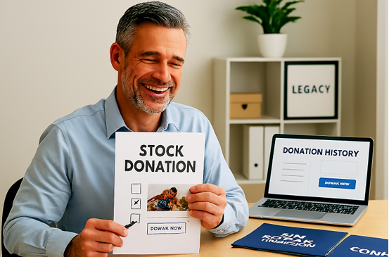 Man smiling while holding a "Stock Donation" flyer with a checkbox and a photo, next to a laptop displaying a "Donation History" page and a "DONATE NOW" button, in a well-lit office setting.