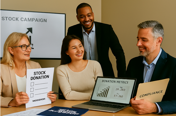 Flowchart showing simple steps to donate stock through Stock Donator: Select nonprofit ā Transfer stock ā Nonprofit benefits.