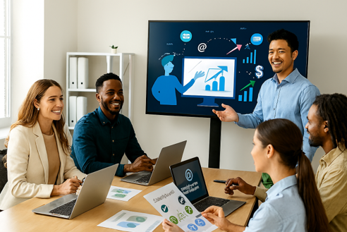 Group of diverse professionals in a meeting discussing stock donation marketing strategies, with a presentation screen displaying growth charts and financial symbols.
