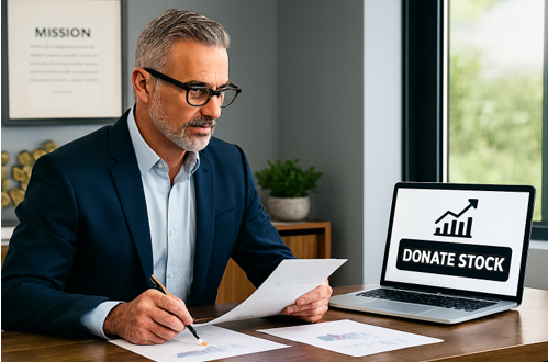 Man in business attire analyzing stock donation documents with laptop displaying "DONATE STOCK" message, emphasizing nonprofit fundraising strategies.