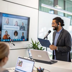 Presenter engaging with virtual audience during a webinar, showcasing effective online communication and donor engagement strategies.