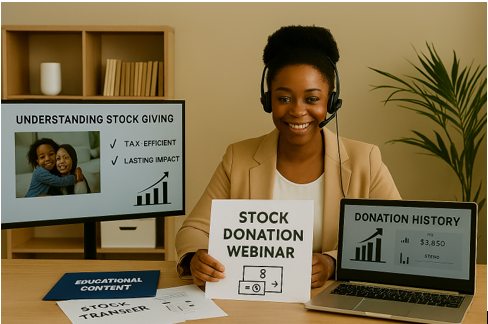 Smiling woman in headset presenting stock donation webinar materials, with screens displaying "Understanding Stock Giving," "Donation History," and educational content on stock transfer, emphasizing donor engagement and tax-efficient giving.