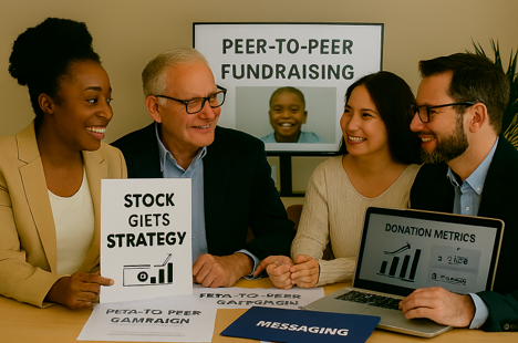Infographic showing strategies for promoting stock donations in peer-to-peer fundraising campaigns.