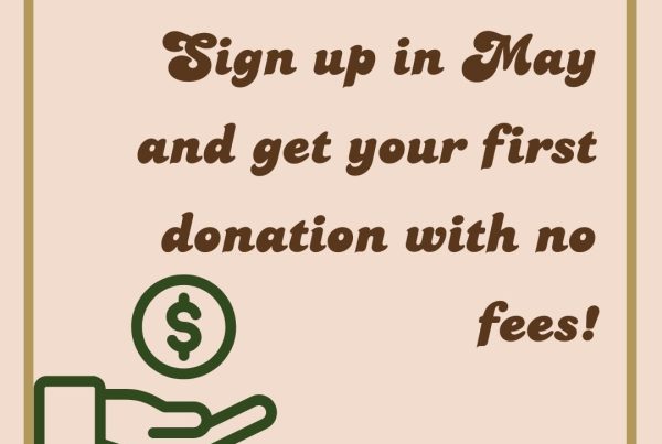 Sign up in May and get your first stock donation with no fees, featuring a hand holding a dollar sign symbol.