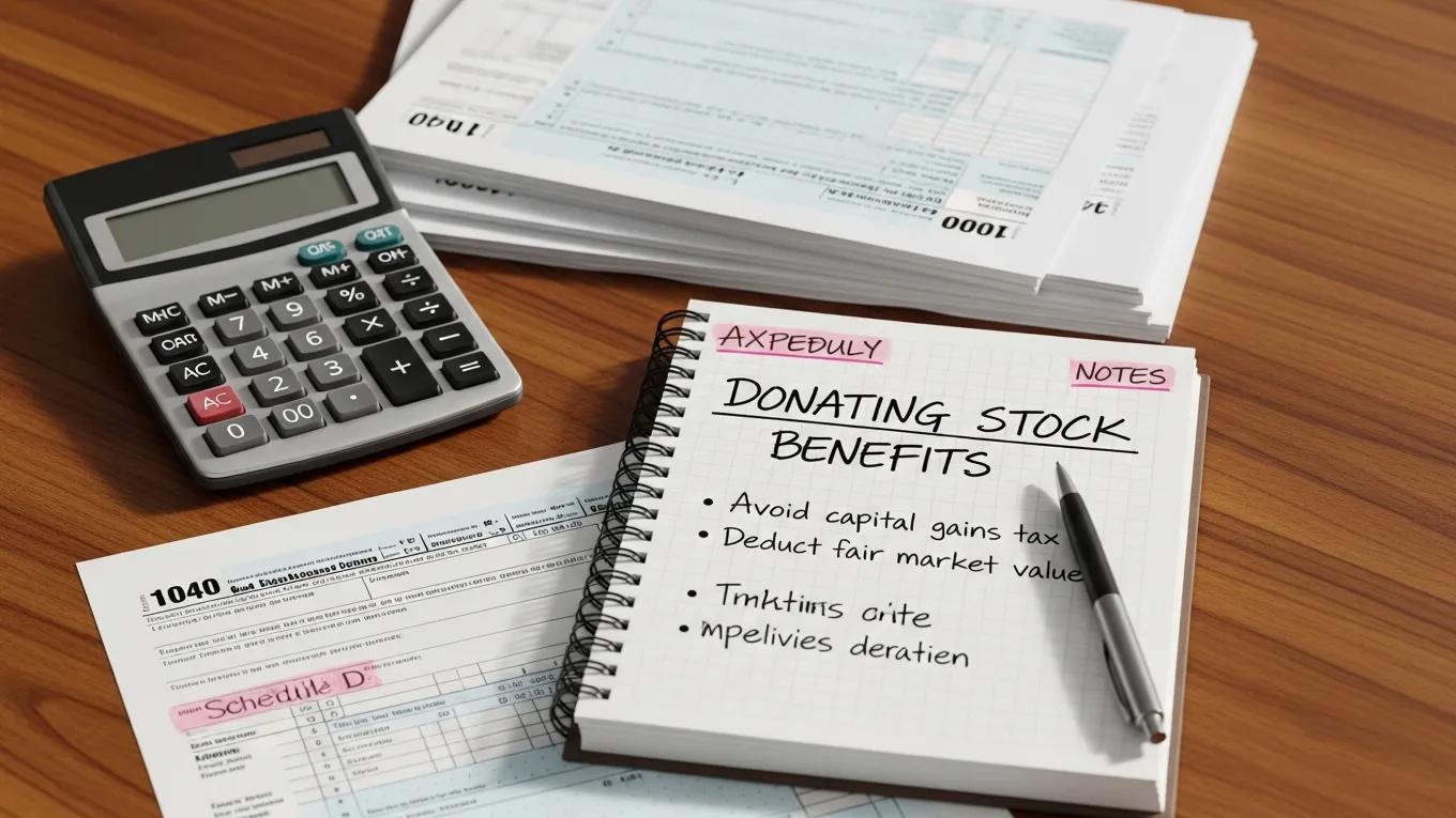 Calculator and tax forms on a wooden desk, with a notebook titled "Donating Stock Benefits" listing advantages like avoiding capital gains tax and deducting fair market value, illustrating financial benefits of stock donations.