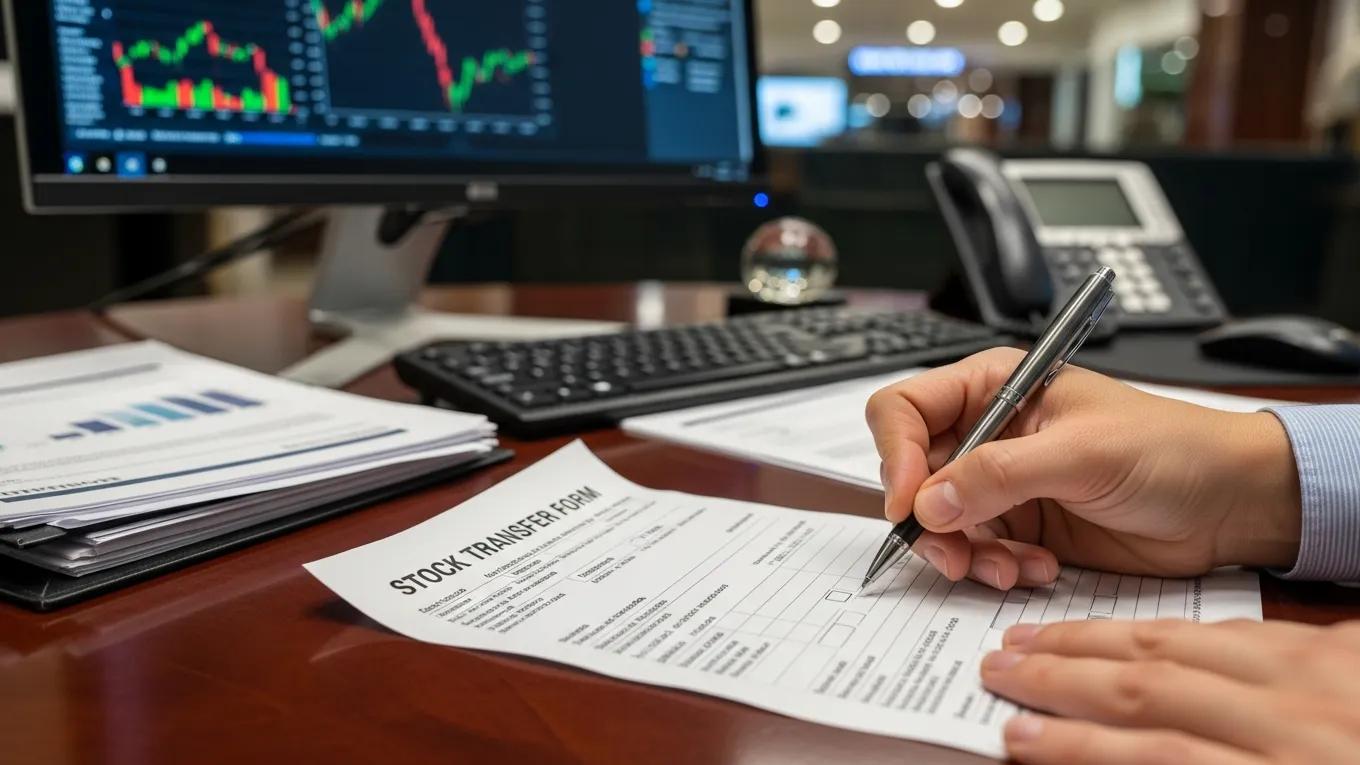 Close-up of a stock transfer form being filled out in a brokerage office