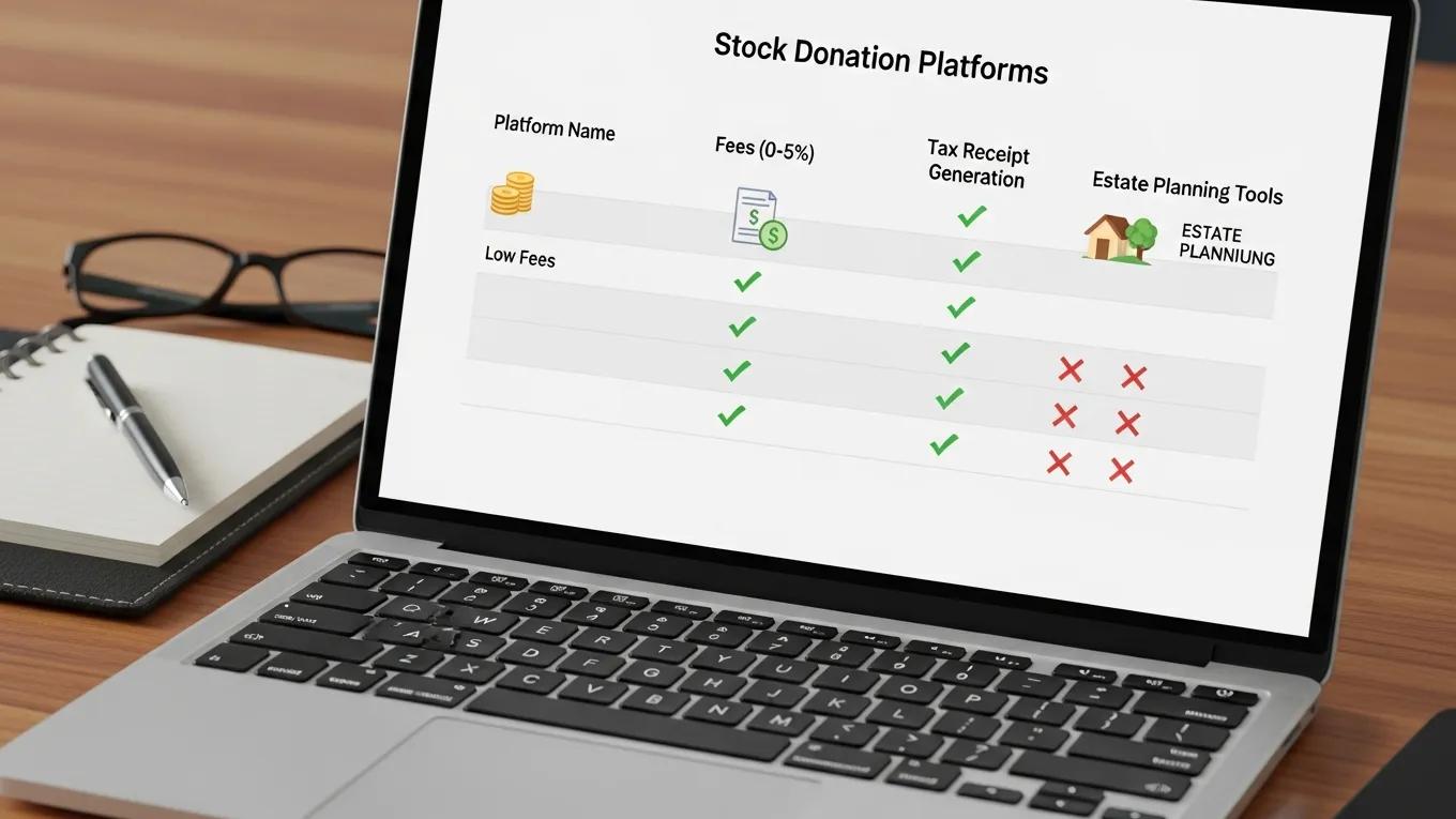 Close-up of laptop screen comparing features of stock donation platforms