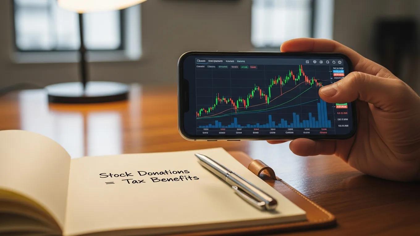 Close-up of smartphone showing stock market data related to charitable donations