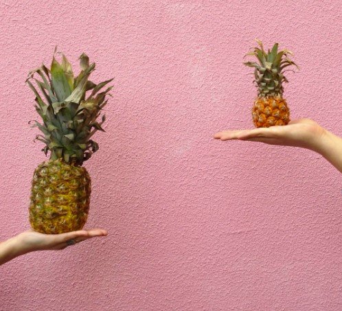 Image comparing sizes of two pineapples, one large and one small, held in hands against a pink background, illustrating the concept of stock donations versus cash donations.