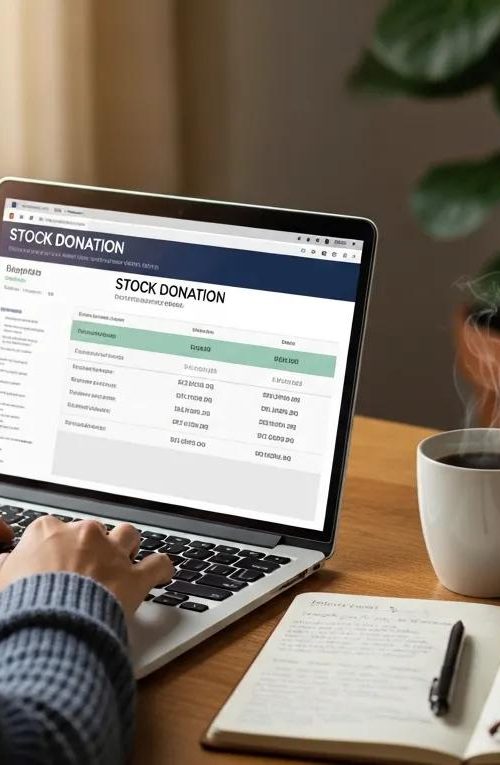 Cozy workspace with a person reviewing stock donation information on a laptop