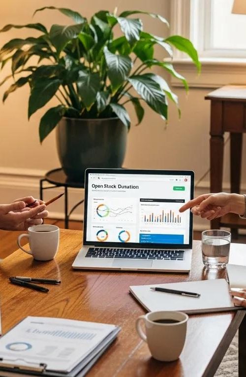 Diverse group discussing stock donation platforms in a cozy office setting