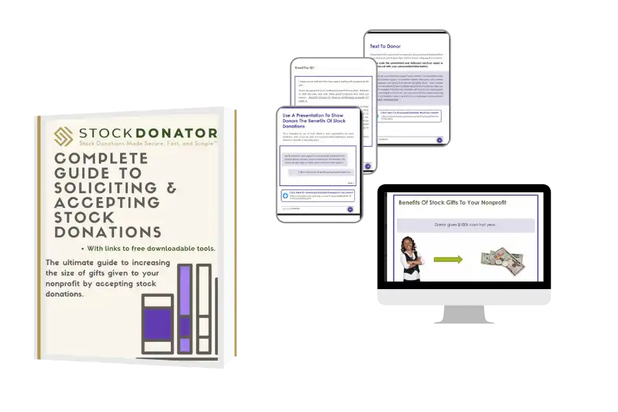 Complete guide to soliciting and accepting stock donations from Stock Donator, featuring downloadable tools and benefits of stock gifts to nonprofits, illustrated with engaging presentation slides.