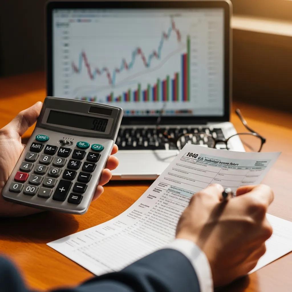 Person calculating tax benefits related to stock donations, holding a calculator and reviewing financial documents with a laptop displaying stock market data in the background.