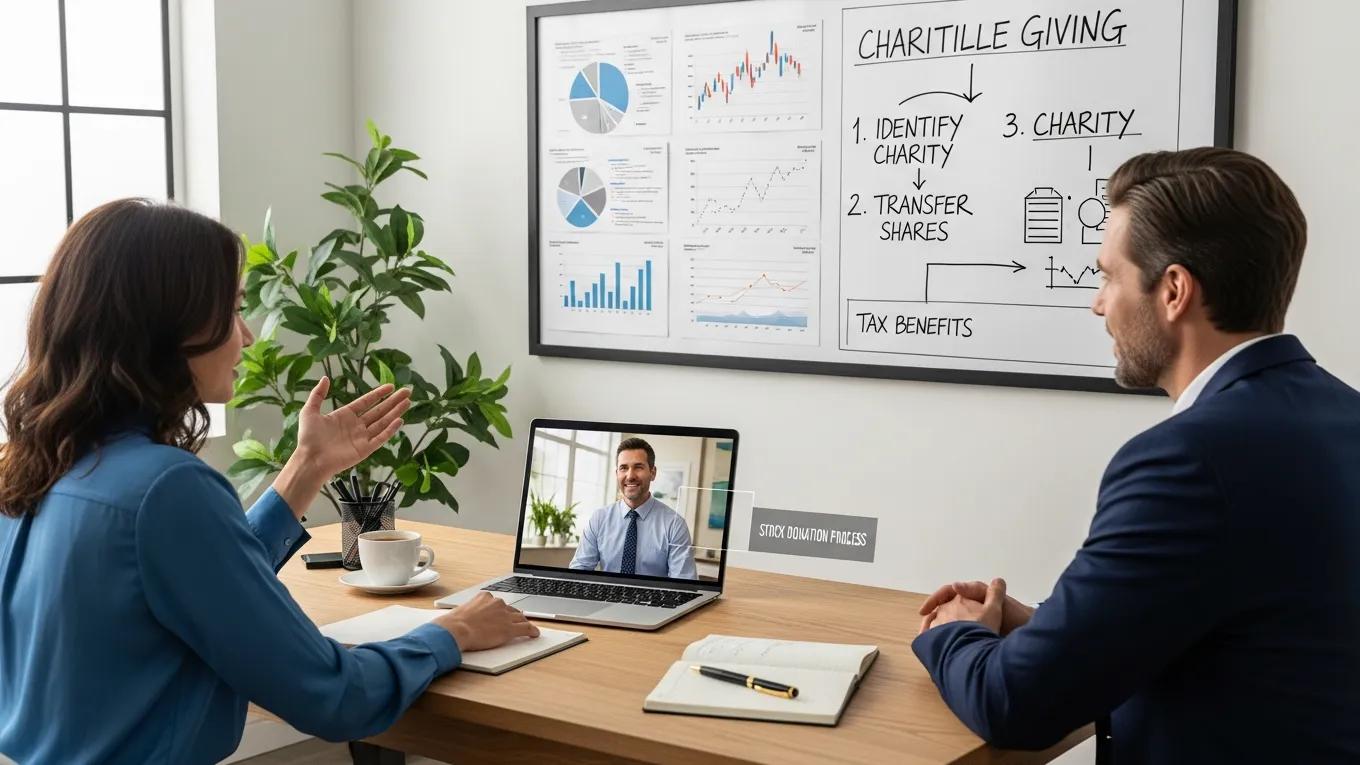 Woman consulting with financial advisor via video call about stock donation process, with charts and steps for charitable giving displayed on a whiteboard.