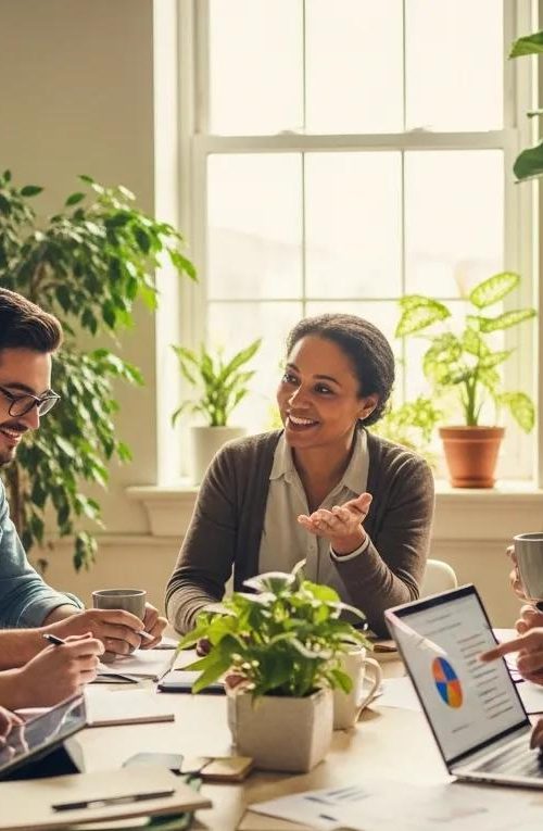 Nonprofit professionals discussing stock donations in a cozy office setting