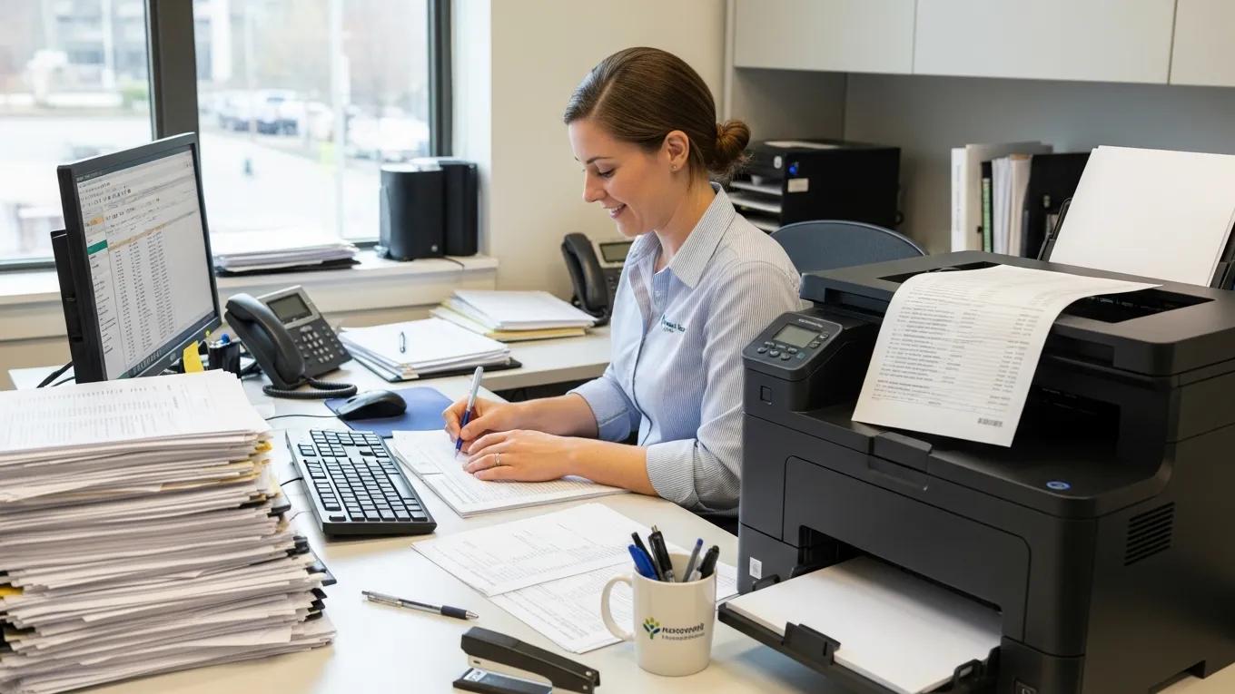 Nonprofit staff member preparing tax receipts in an office setting