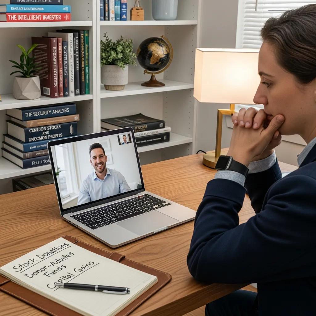 Person consulting with a financial advisor via video call about stock donations, with notes on donor-advised funds and capital gains on a notepad.