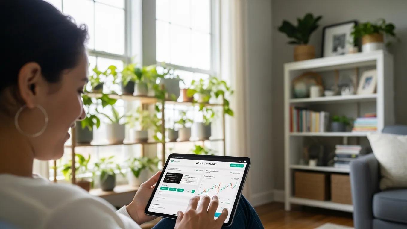 Person navigating a stock donation platform on a tablet in a bright room