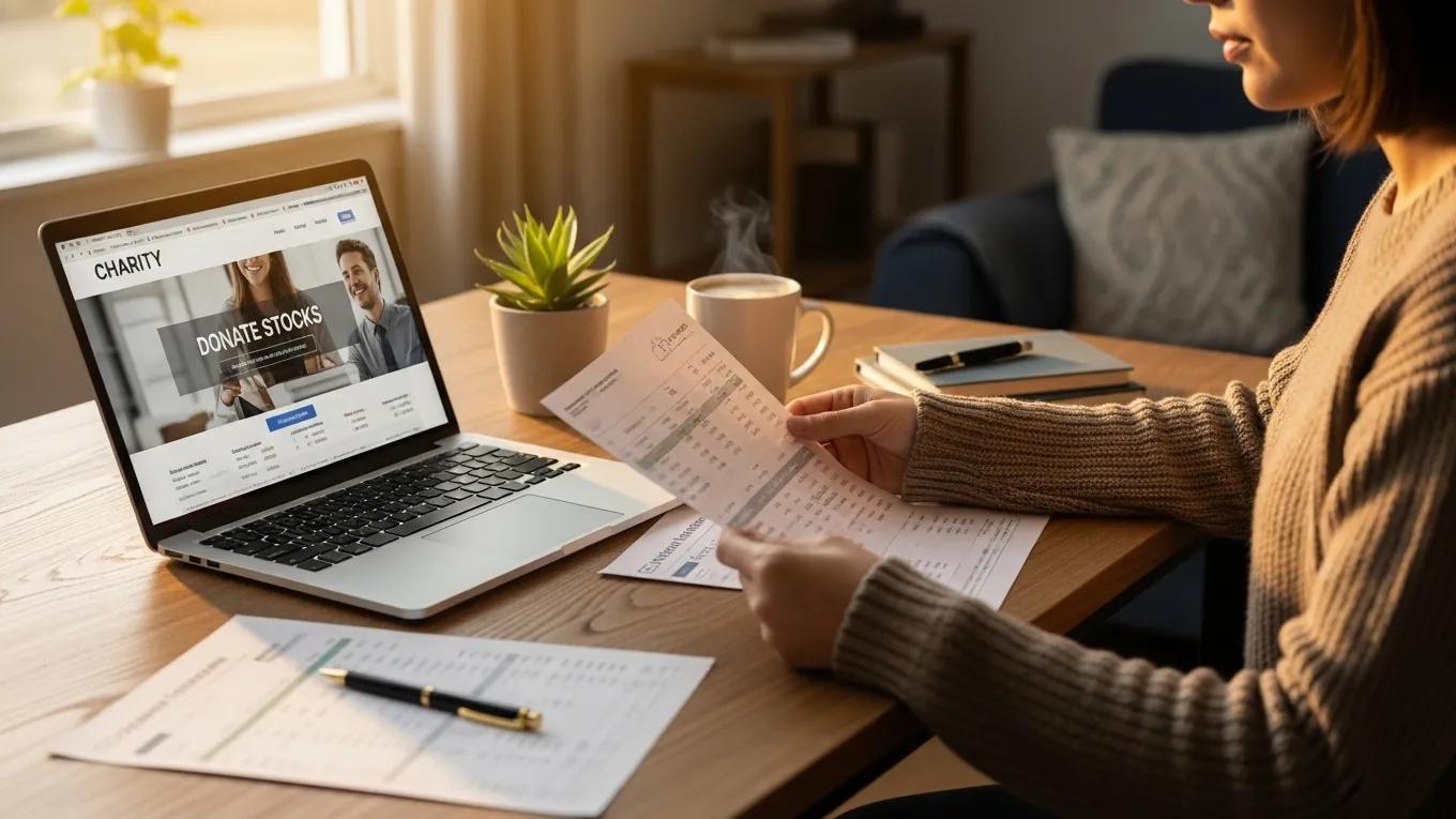 Person reviewing stock donation options on a laptop with financial documents and a coffee cup, emphasizing charitable giving and maximizing impact through stock donations.