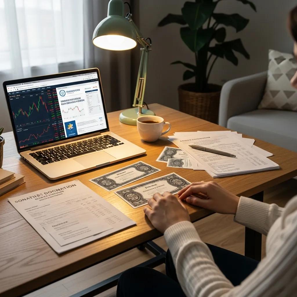 Person reviewing stock market data and donation documents at a cozy desk with a laptop, coffee cup, and financial paperwork, illustrating the process of donating appreciated stocks.