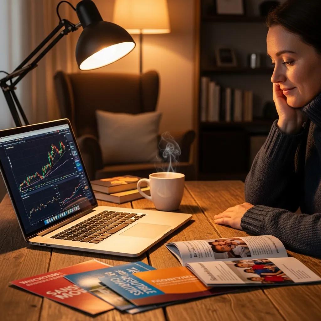 Person reviewing stock market data on laptop in cozy workspace, with steaming coffee cup and magazines related to charitable donations.