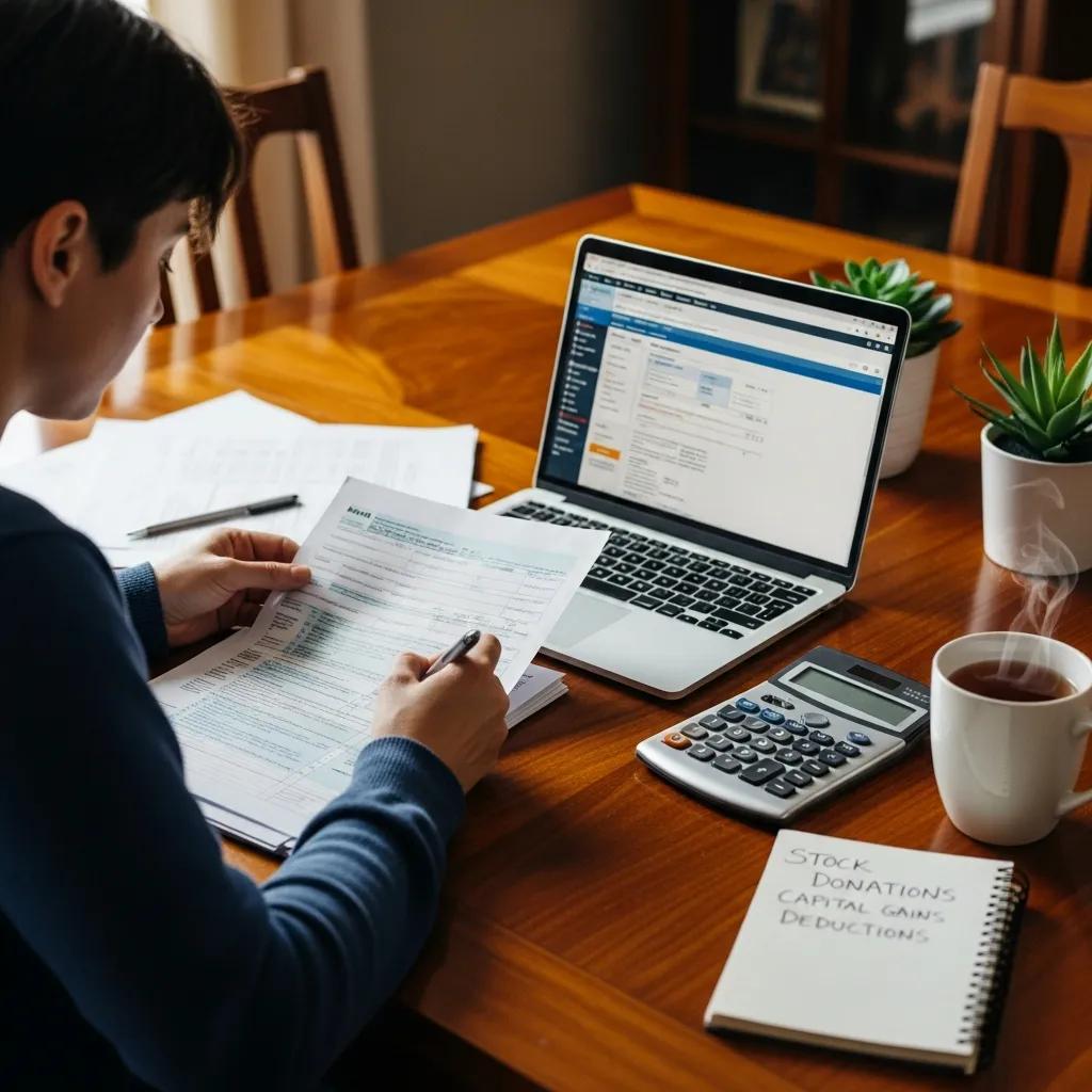 Person reviewing tax documents and software related to stock donations, laptop displaying donation platform, calculator and notes on capital gains deductions on wooden table.