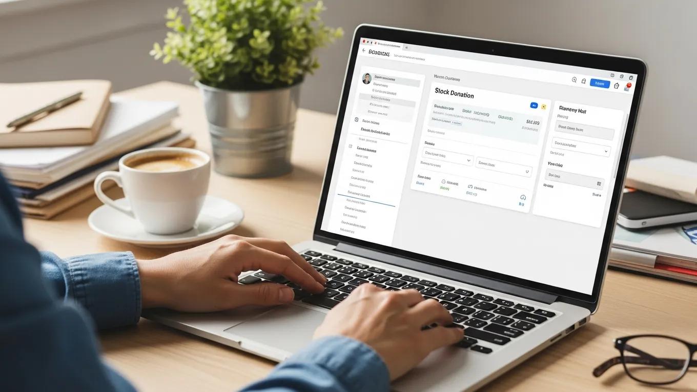 Person using a laptop to navigate a charitable stock donation platform
