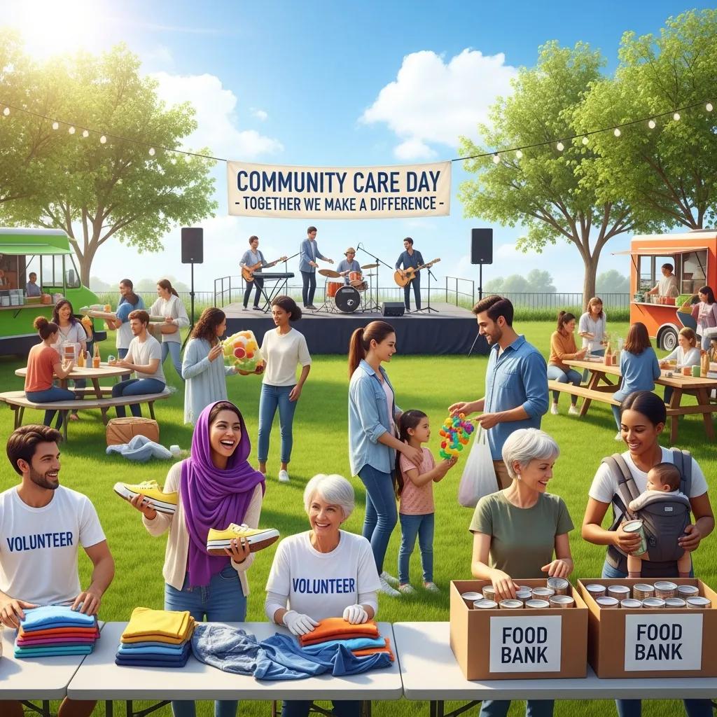 Volunteers at a Community Care Day event, collaborating to support a food bank, with tables displaying clothing donations and participants engaging in activities, highlighting the impact of charitable contributions.